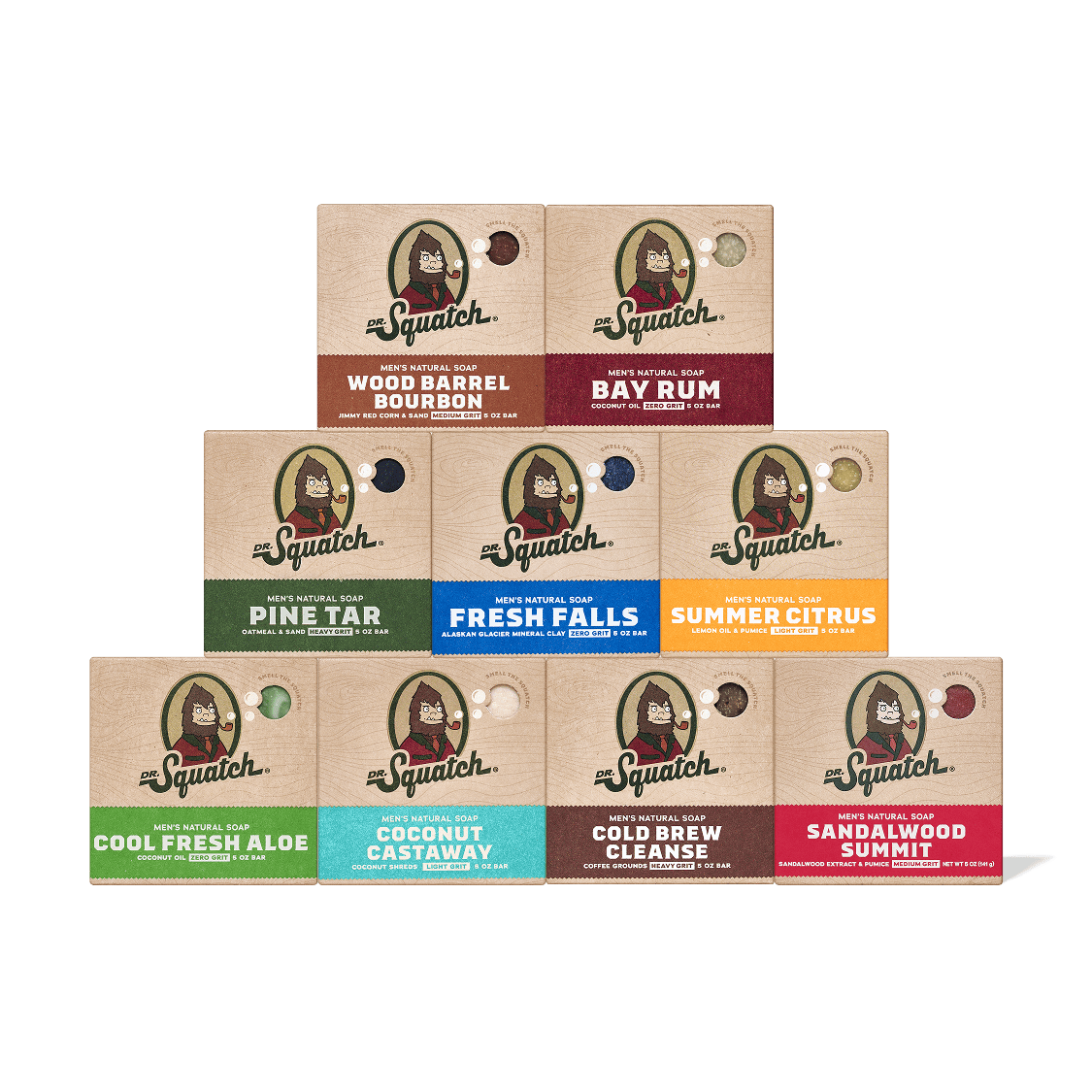 Dr. Squatch men's natural soap 9-pack bundle displaying nine bar varieties with color-coded labels and scent names.