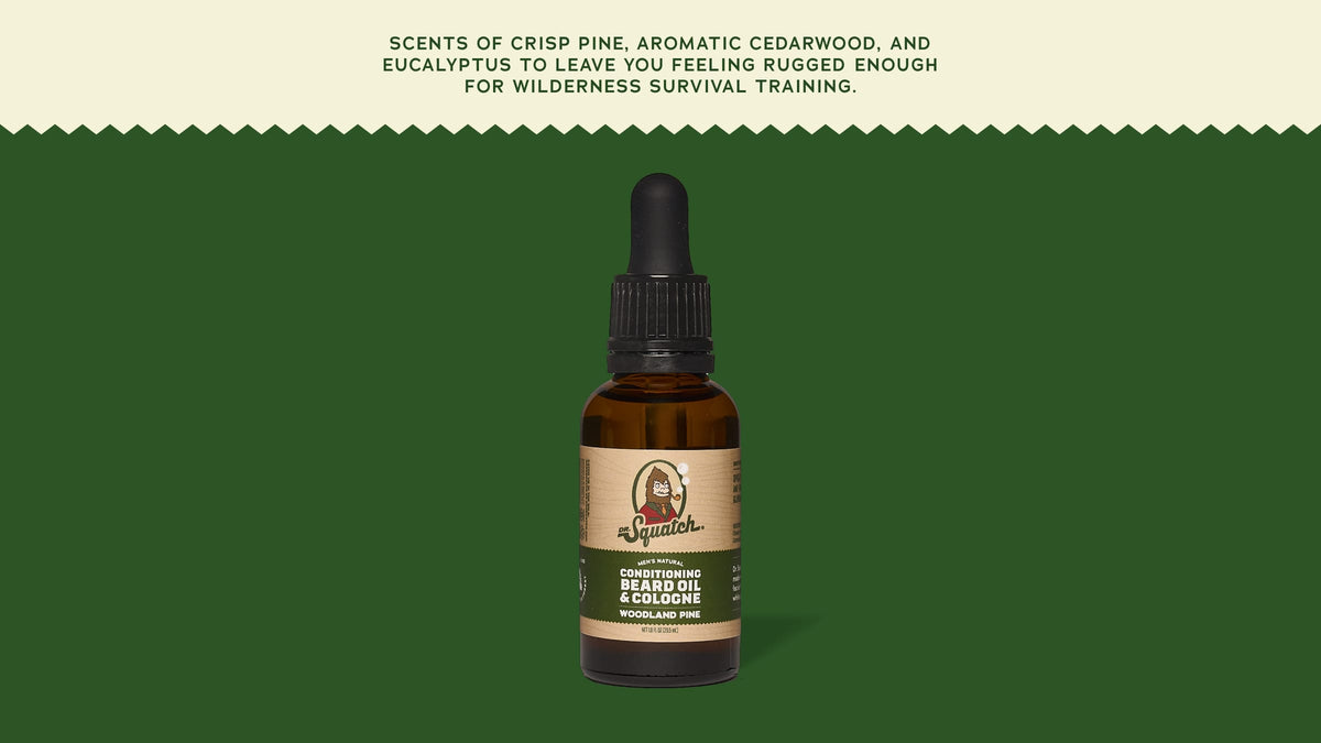 Brand and ingredient story panel for Dr. Squatch Conditioning Beard Oil & Cologne Woodland Pine