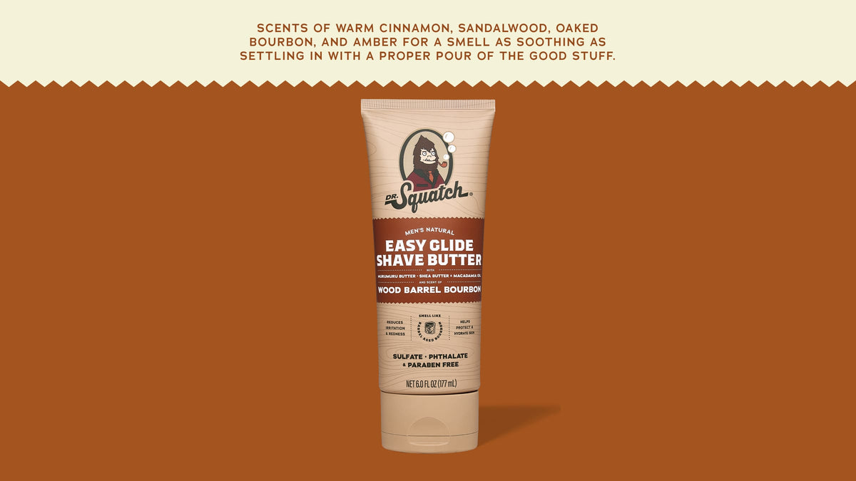 Brand and ingredient story panel for Dr. Squatch Easy Glide Shave Butter Wood Barrel Bourbon