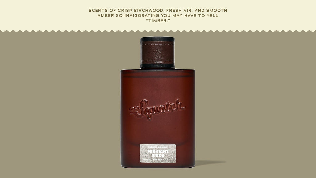 Brand and ingredient story panel for Dr. Squatch Midnight Birch Cologne