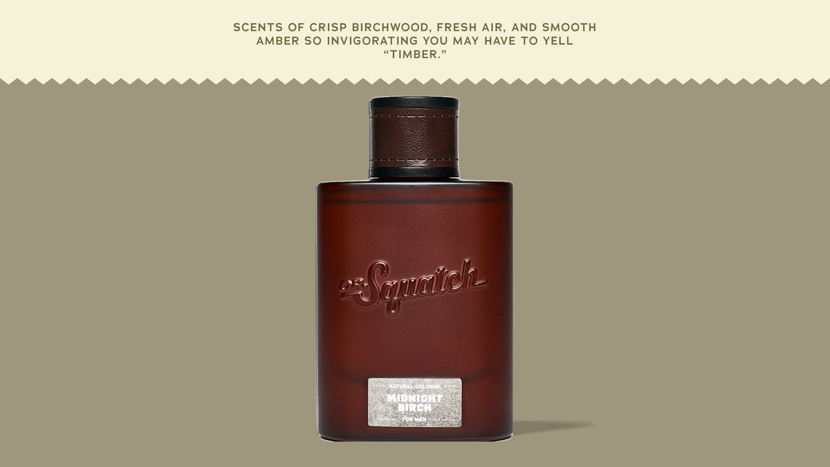 Brand and ingredient story panel for Dr. Squatch Midnight Birch Cologne