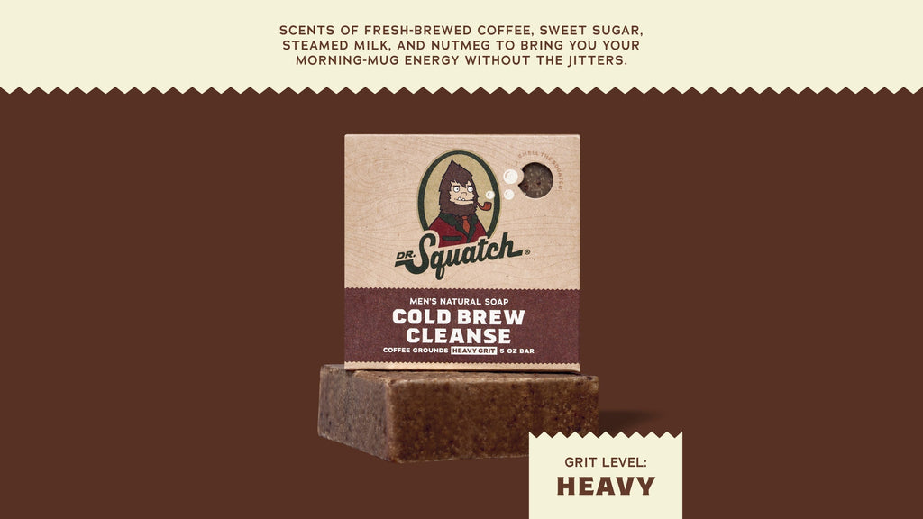 Brand and ingredient story panel for Dr. Squatch Cold Brew Cleanse bar soap
