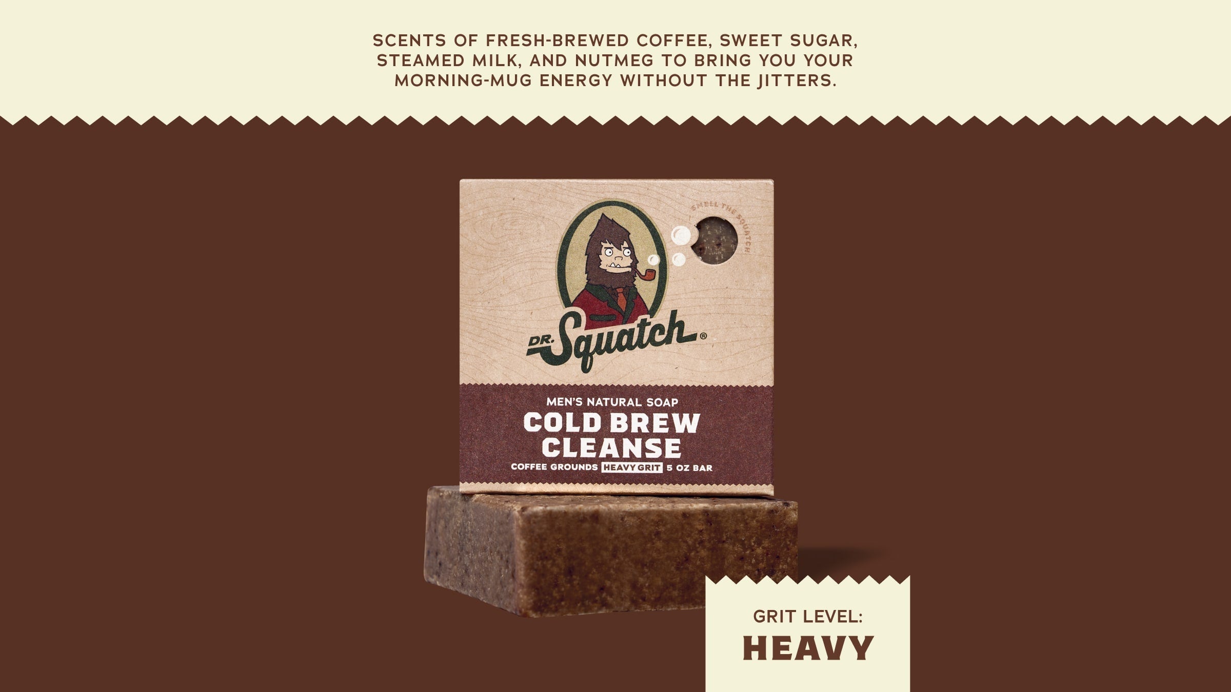 Brand and ingredient story panel for Dr. Squatch Cold Brew Cleanse bar soap