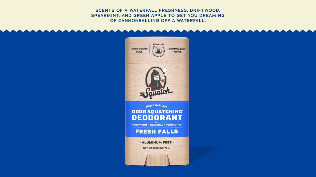 Brand and ingredient story panel for Dr. Squatch Fresh Falls Deodorant