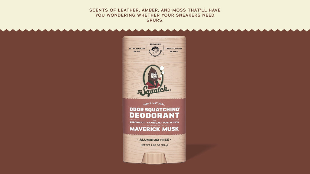 Brand and ingredient story panel for Dr. Squatch Maverick Musk Deodorant