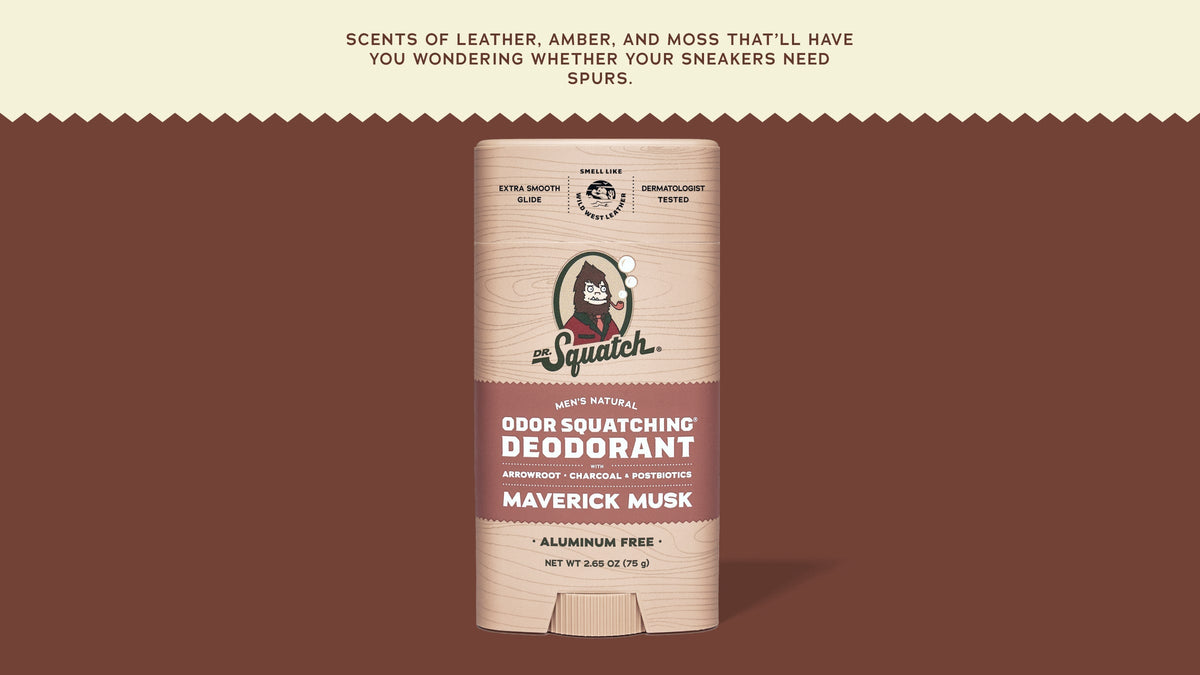 Brand and ingredient story panel for Dr. Squatch Maverick Musk Deodorant