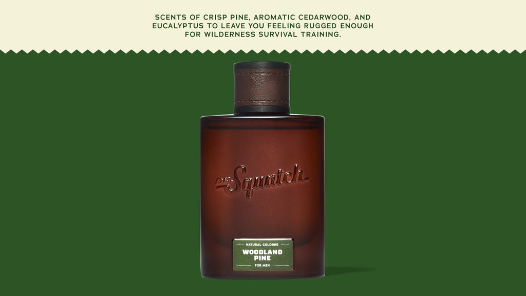 Brand and ingredient story panel for Dr. Squatch Woodland Pine Cologne
