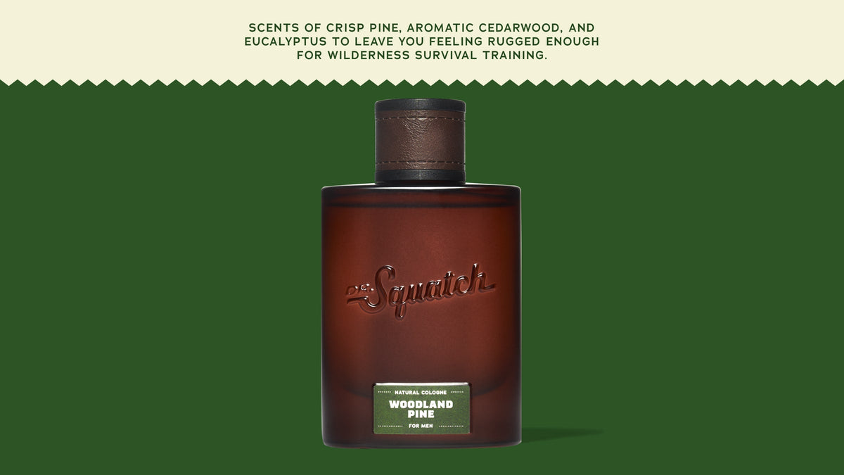 Brand and ingredient story panel for Dr. Squatch Woodland Pine Cologne