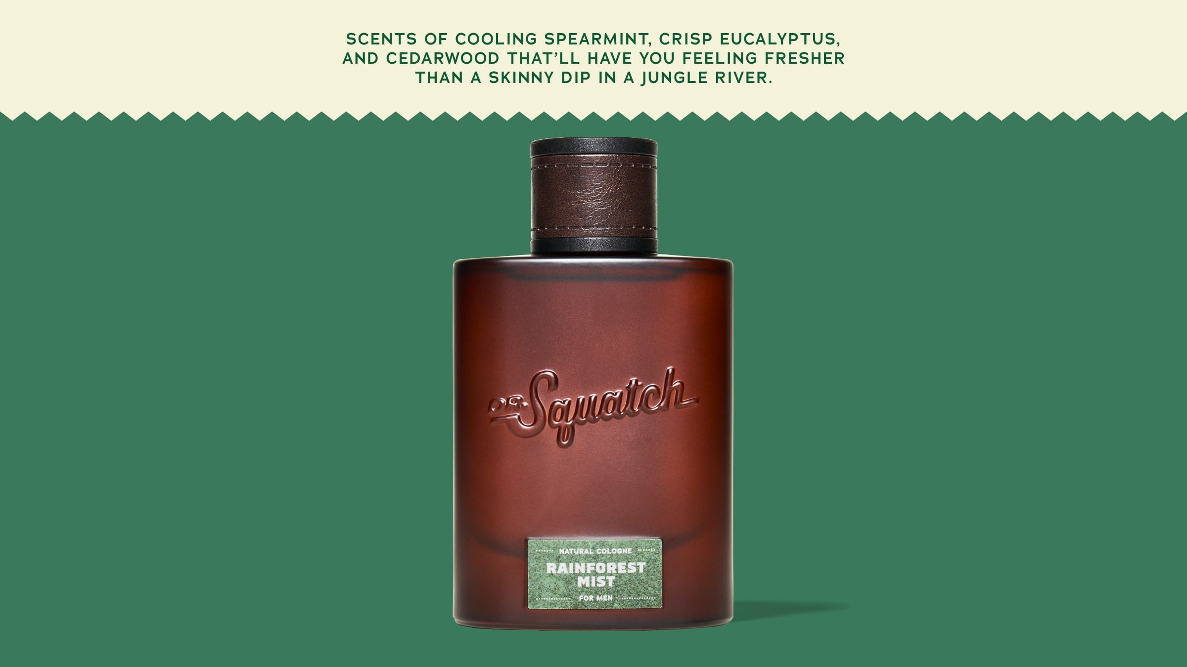 Brand and ingredient story panel for Dr. Squatch Rainforest Mist Cologne