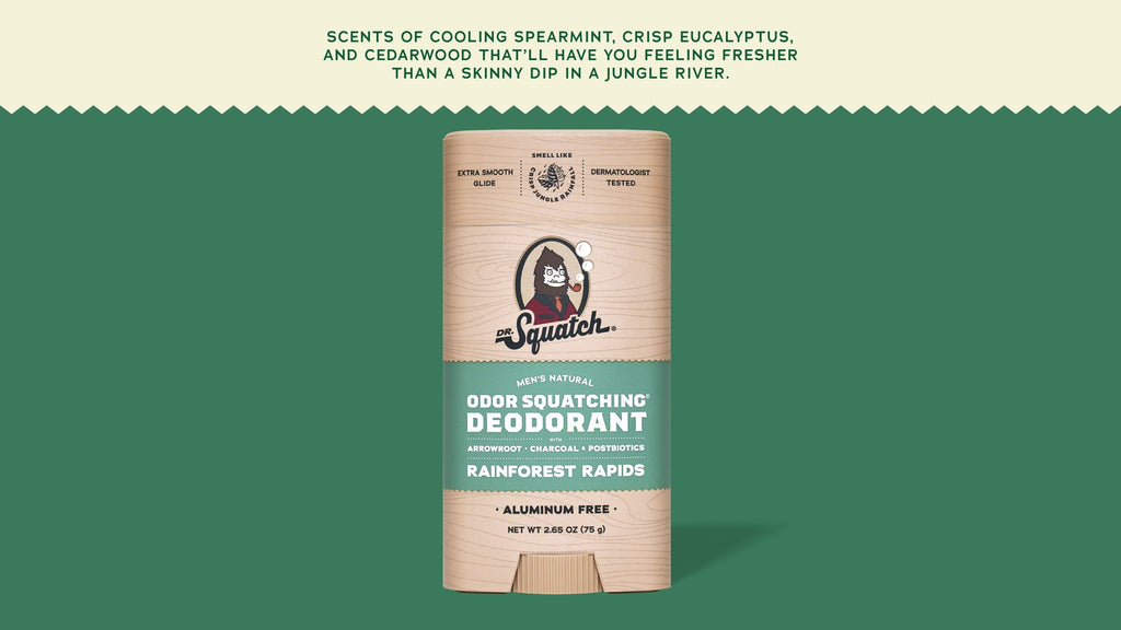 Brand and ingredient story panel for Dr. Squatch Rainforest Rapids Deodorant