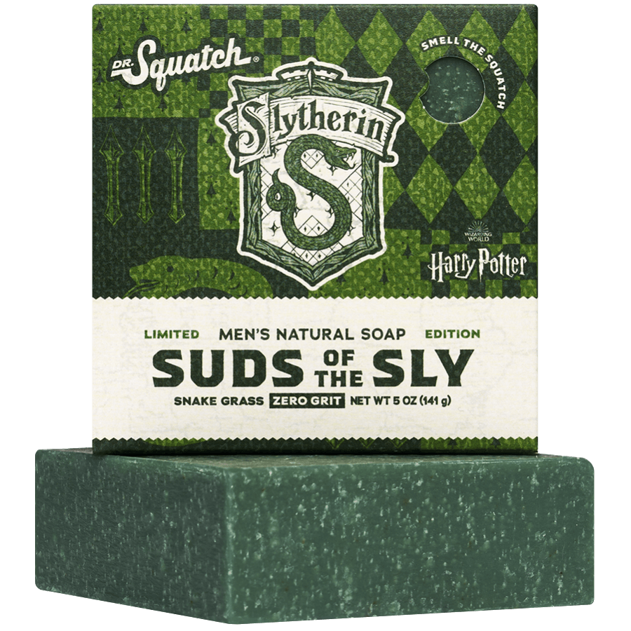 Promotional graphic for Dr. Squatch Suds of the Sly bar soap