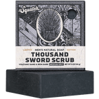 Promotional graphic for Dr. Squatch Thousand Sword Scrub bar soap