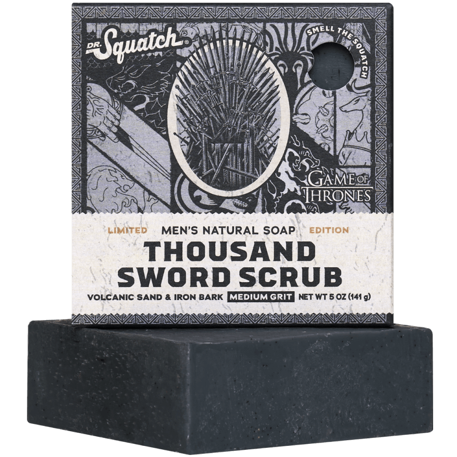 Promotional graphic for Dr. Squatch Thousand Sword Scrub bar soap