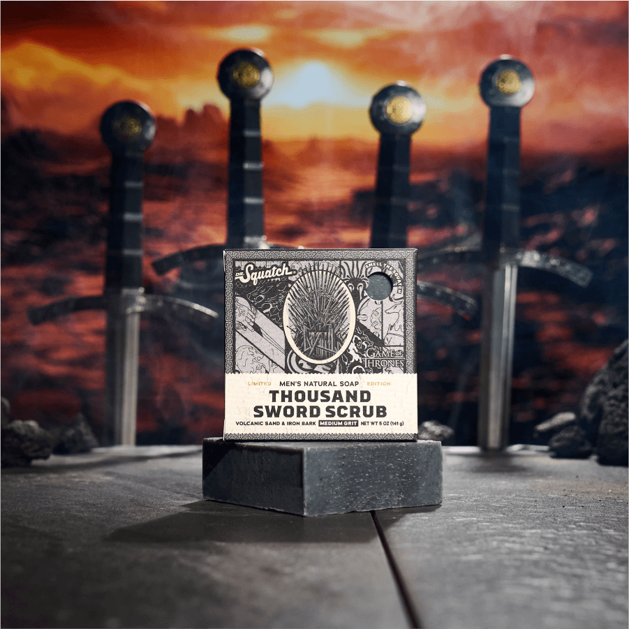 Promotional graphic for Dr. Squatch Thousand Sword Scrub bar soap