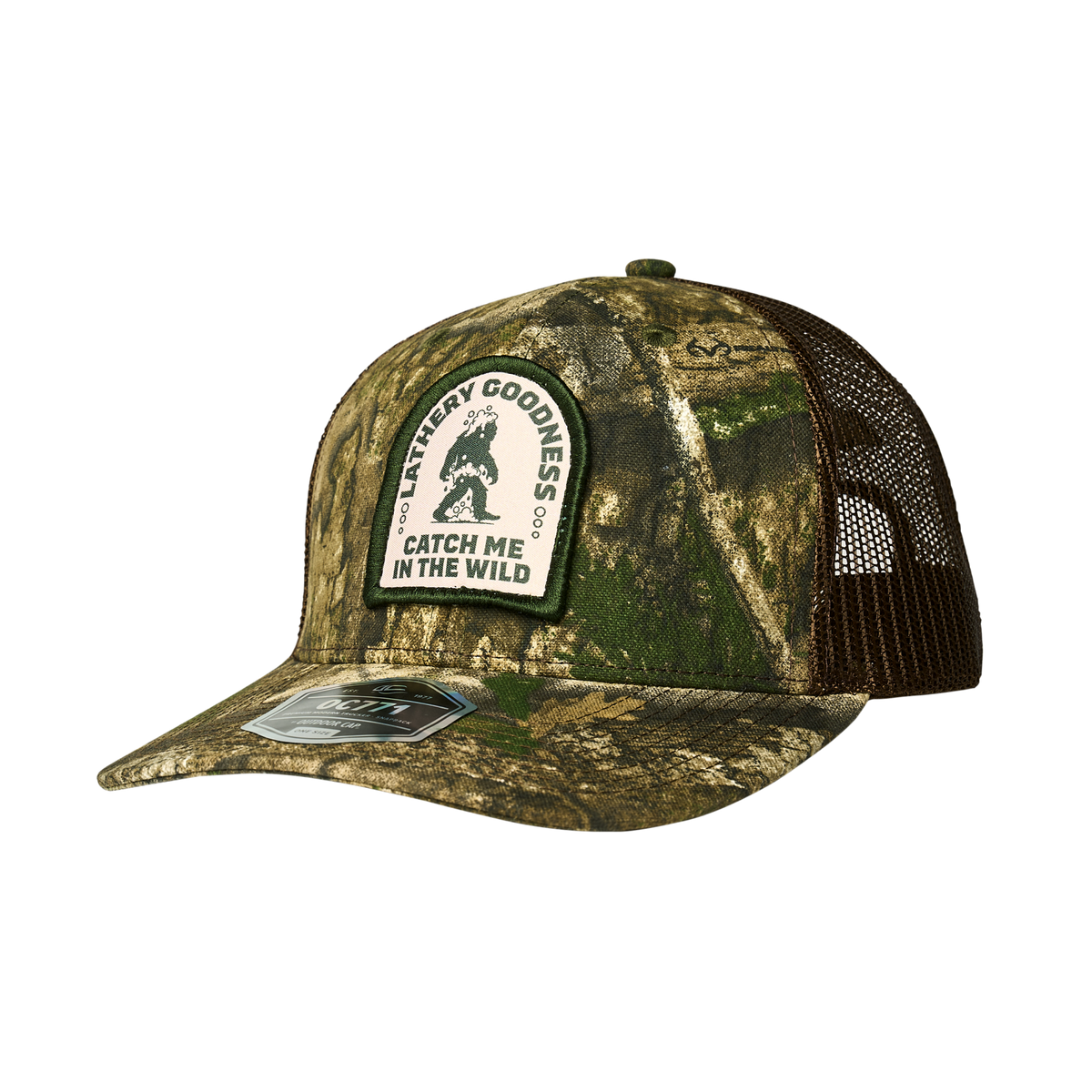 Camo trucker hat with mesh back and "Catch Me In The Wild" patch featuring Dr. Squatch branding.